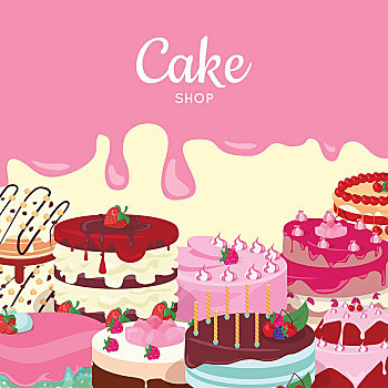 蛋糕,店,装饰,糖果,彩色,浇料,水果,巧克力,矢量,风格,甜点,糕点店,广告,生日,婚礼,贺卡,设计,饮食,概念