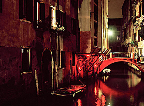 威尼斯,运河,夜晚,桥,沭浴,红色,发光,船,房子,意大利