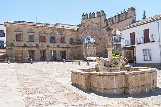 拱形,大门,狮子,喷泉,广场,巴埃萨,西班牙