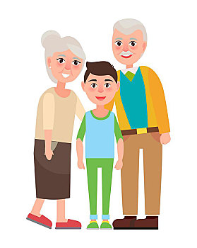 祖父母,孙子,隔绝,矢量,插画,白色背景,高兴,老年,夫妻,一起,男孩,风格