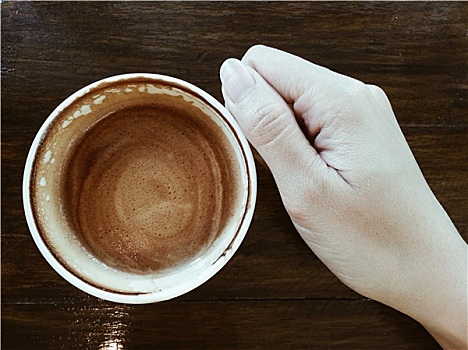 啜饮,一杯咖啡,拿铁咖啡,暗色,木桌