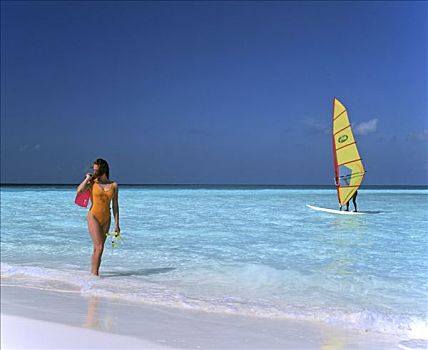 女青年,海滩,风帆冲浪者,马尔代夫,印度洋