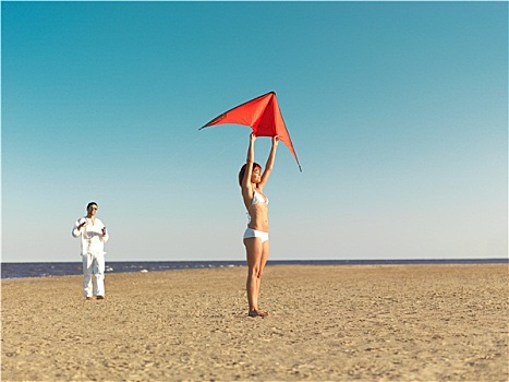 情侣,红色风筝,海滩