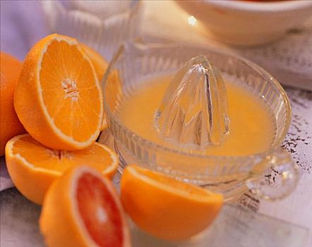 橘子,靠近,榨汁器,新鲜,橙汁