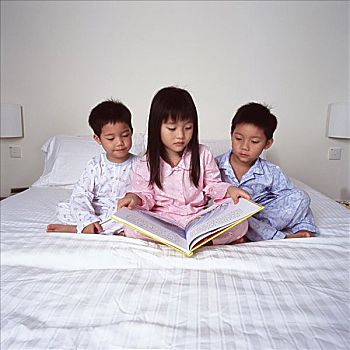 孩子,床,读,书本