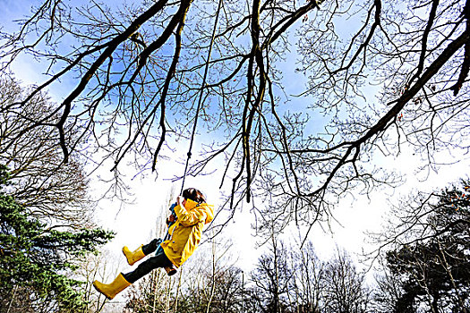 男孩,黄色,带帽衣,晃动,公园,树