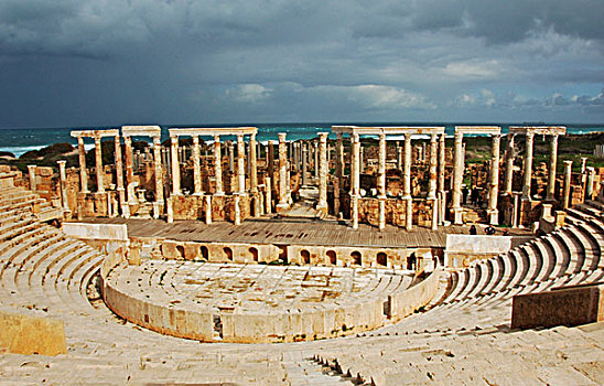 libya,leptis,magna,ruins,of,the,amphitheatre,by,sea,unesco,world,heritage,site