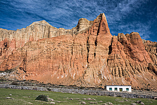 红岩,红色,悬崖,房子,正面,腐蚀,风景,莫斯坦王国,尼泊尔,亚洲