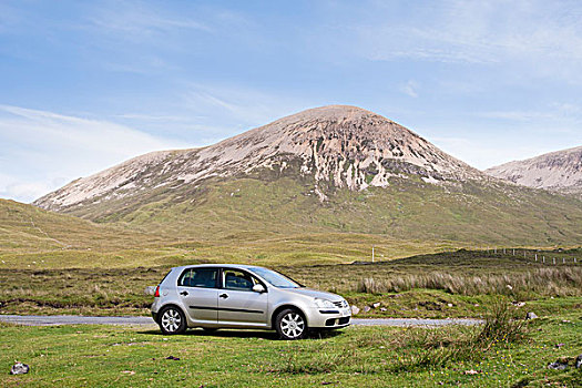 大众汽车,高尔夫球车,停放,靠近,道路,背影,斯凯岛,苏格兰,英国,欧洲