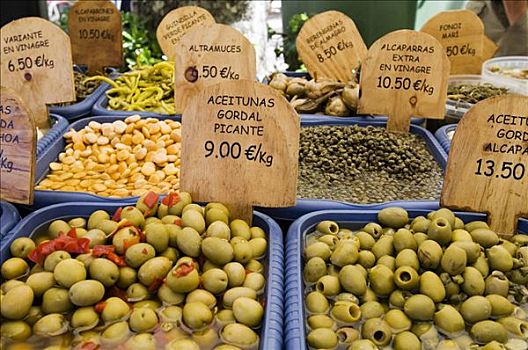 市场货摊,橄榄,辛辣,成分,马略卡岛,巴利阿里群岛,西班牙,欧洲