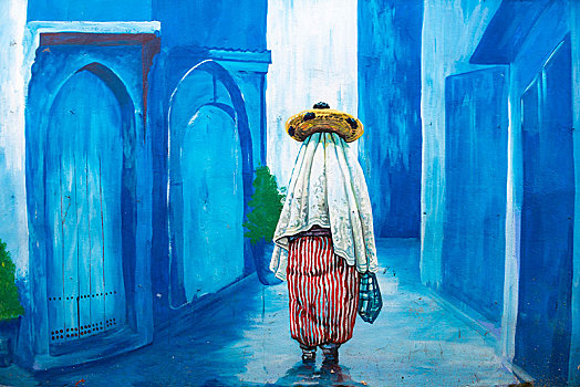 蓝色,壁画,建筑,小路,房子,麦地那,舍夫沙万,沙温,摩洛哥,非洲