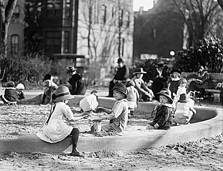 孩子,玩,沙盒,20年代,公园,历史