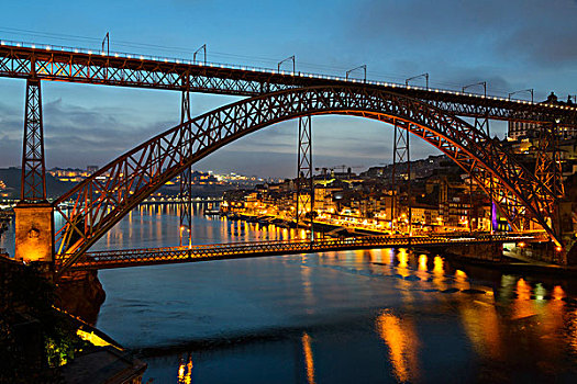 桥,光亮,夜晚,上方,河,背景,波尔图,葡萄牙