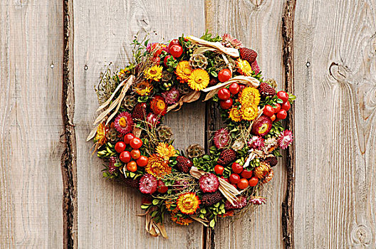 秋天,花环,永恒,花,水果,木板,墙壁