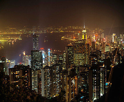 全景,太平山,上方,中心,夜景,香港岛,市中心,香港,中国,亚洲