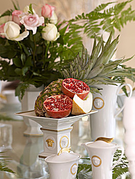 咖啡,桌子,玫瑰,异域风情,水果,石榴,豪华,餐具