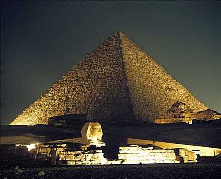 吉萨金字塔,金字塔,复杂,夜晚,狮身人面像,开罗,埃及