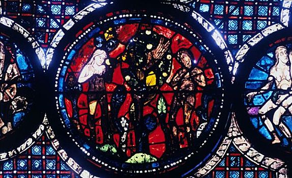 亚当,夏娃,男人,彩色玻璃,沙特尔大教堂,法国,艺术家,未知