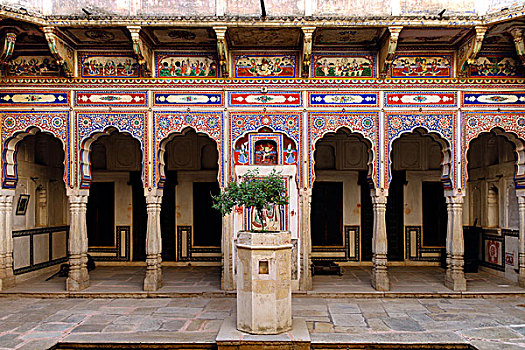 壁画,院落,哈维利建筑,博物馆,地区,拉贾斯坦邦,印度,亚洲