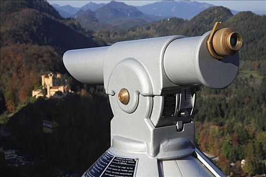 望远镜,指点,旧天鹅堡,城堡,晨光,巴伐利亚,德国