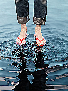 人,穿,人字拖鞋,涉水,水中,下部