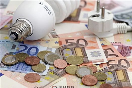 节能,灯泡,插头,欧元,钞票,欧元硬币,能源价格
