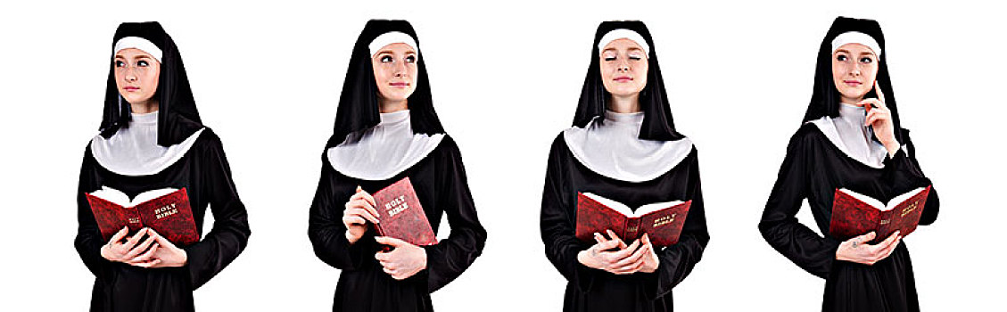 年轻,修女,圣经,隔绝,白色背景