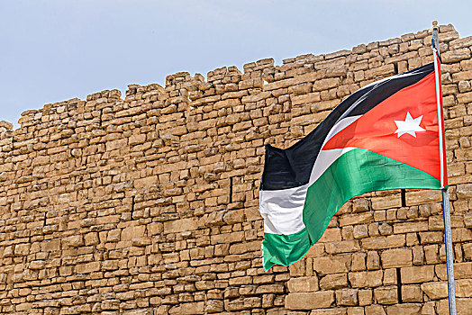 约旦国旗,飞,户外,石墙,城堡,十字军东征