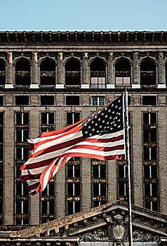 美国国旗,摆动,正面,密歇根,中央车站,底特律,美国