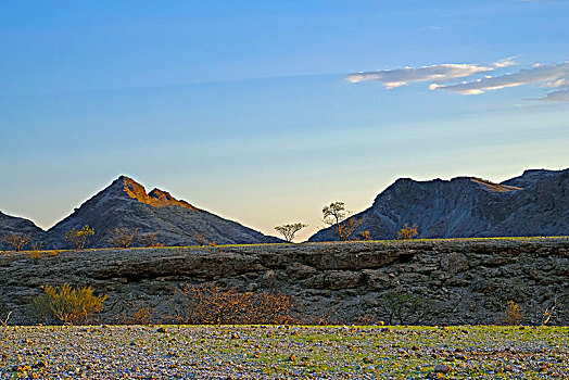 干枯河床,朴素,大理石,鹅卵石,山,背景,日落,纳米比亚,卡奥科兰