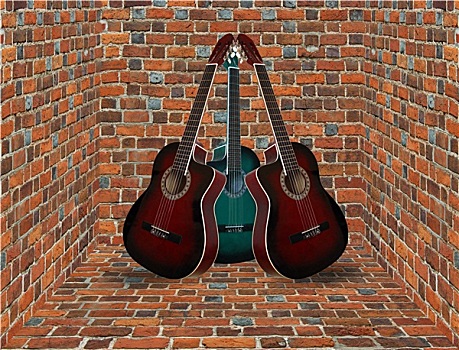 三个,吉他,角,砖,房间