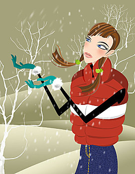 时尚插画,冬天,羽绒背心,下雪,树,手套