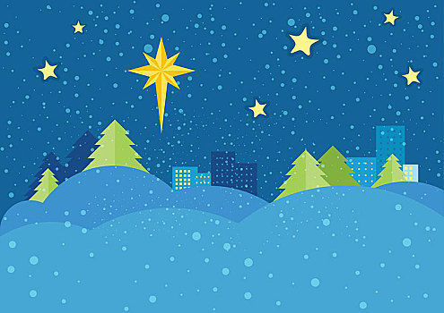圣诞节,夜晚,矢量,概念,公寓,设计,星空,鲜明,星,伯利恒,雪,冬天,云杉,城市灯光,远处,寒假,庆贺