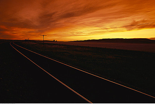 铁轨,日落,艾伯塔省,加拿大