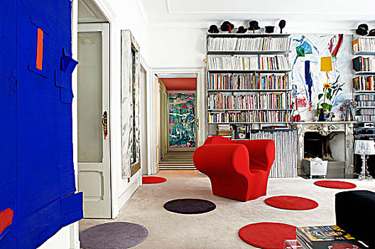 圆,地毯,红色,扶手椅,传统,壁炉,围绕,折衷,客厅