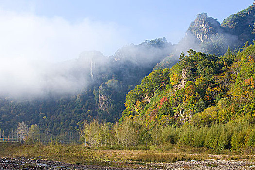 山坡,植被,自然,风光,本溪,湖里村,秋季,红叶,色彩,艳丽,云雾