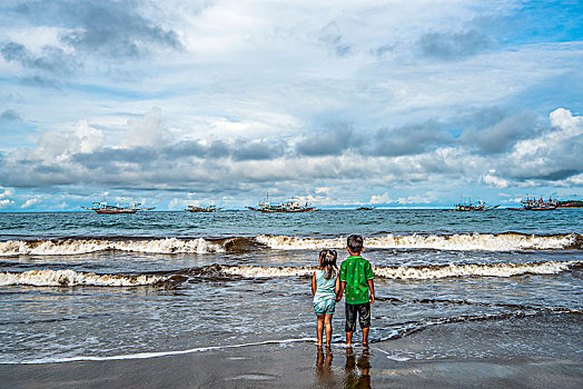 印尼,大海,沙滩,孩子,戏水,玩耍