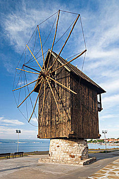保加利亚,黑海,海岸,内塞巴尔,老,风车,水岸