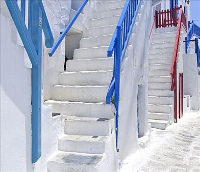 楼梯,色彩,阶梯,栏杆,狭窄,小路,米克诺斯岛,基克拉迪群岛,希腊,欧洲