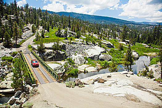 俯拍,汽车,穿过,桥,高,国家公园,加利福尼亚,美国