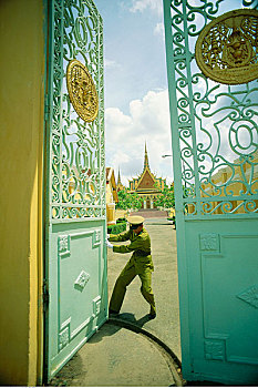 守卫,大门,皇宫,金边,柬埔寨