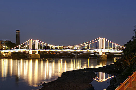 英格兰,伦敦,泰晤士河,黃昏,切尔西,桥,光亮,反射
