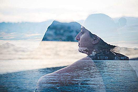二次曝光,女人,向外看,湖,卢加诺,瑞士