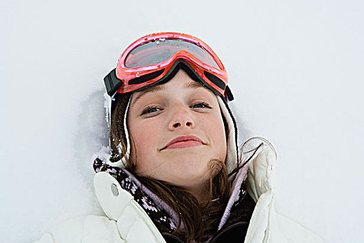 少女,滑雪,卧,雪中