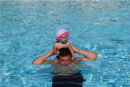 父亲,女儿,乐趣,游泳池