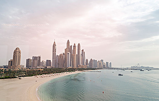 海滩,海洋,正面,天际线,摩天大楼,迪拜,阿联酋,亚洲