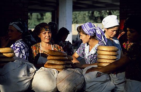 乌兹别克,女人,面包,货摊,市场