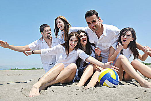 群体,高兴,年轻人,圆,海滩,开心
