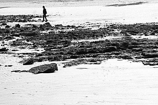 男人,走,岩石,海滩