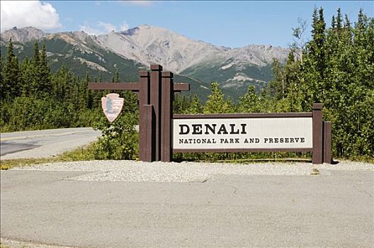 标识,入口,德纳里峰国家公园,阿拉斯加,美国